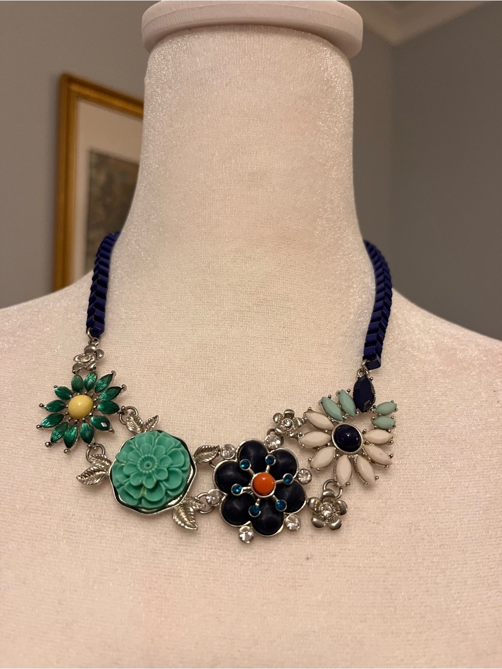 Statement Floral Bib Necklace in Teal, Navy & White